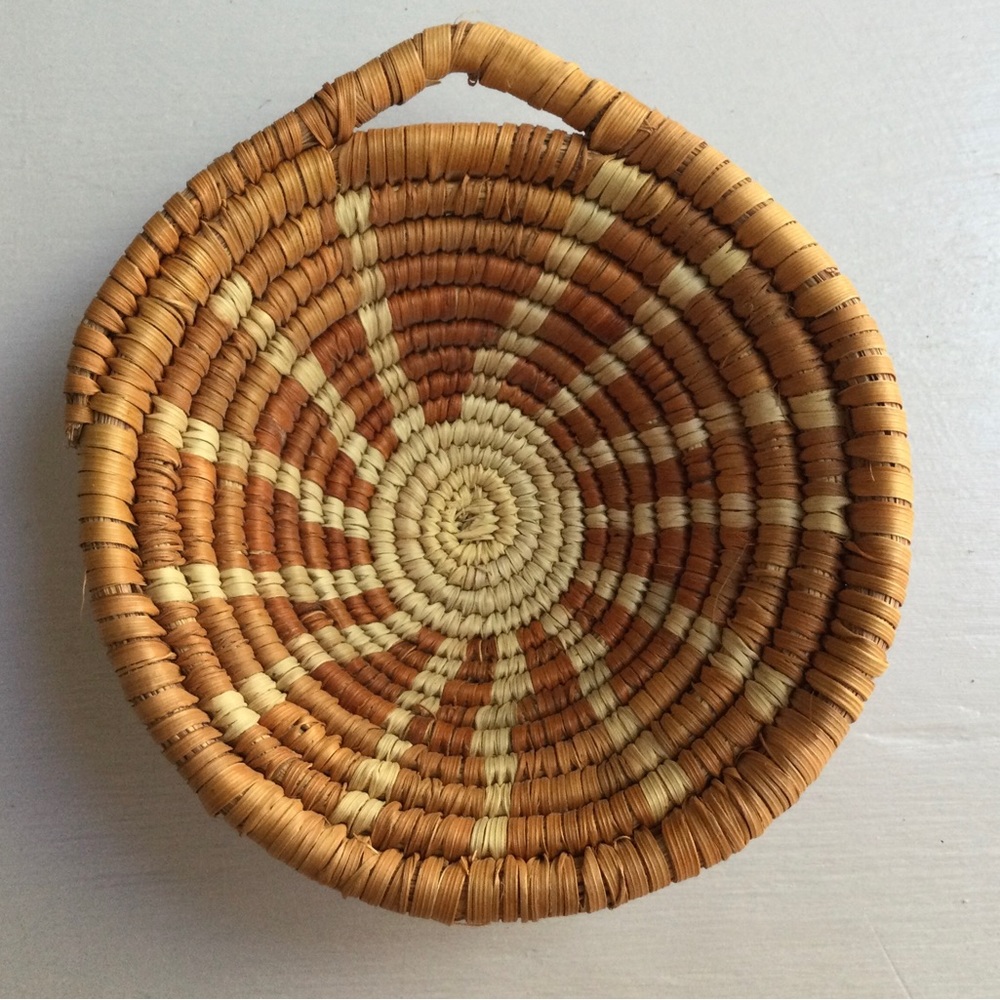 Vintage Native American Sun Design Coil Basket - Most likely Hopi Woven